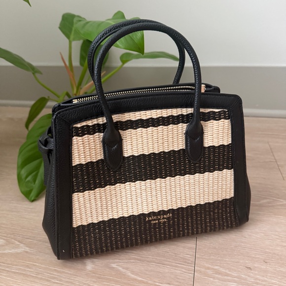kate spade Handbags - kate spade Knott Striped Straw & Leather Medium Satchel Bag — Black/Cream